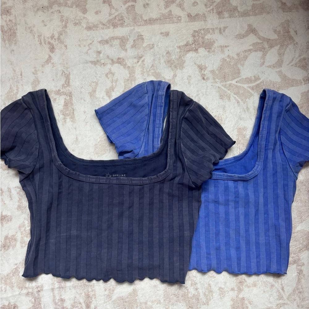 Aerie Women's Striped Crop Tops - Black and Blue